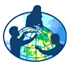 Tres figuras en silueta rodean un globo, tocándole o gesticulando hacia él, con un fondo ovalado azul. El globo presenta continentes verdes y líneas amarillas de longitud y latitud. 