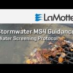 A stormwater drain partially blocked by wet autumn leaves with water flowing toward it. Text reads: LaMotte. Stormwater MS4 Guidance Water Screening Protocol. Features the StormWatch MS4 Water Screening Kit - 7449 for effective monitoring.
