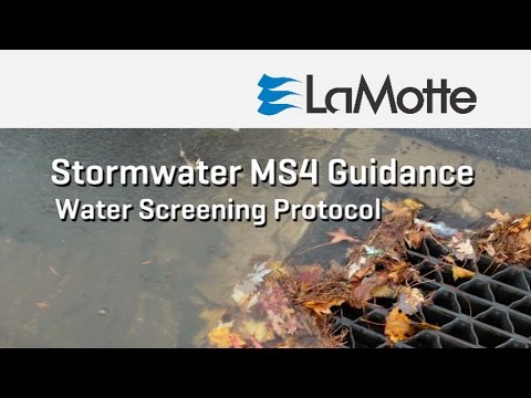 A stormwater drain partially blocked by wet autumn leaves with water flowing toward it. Text reads: LaMotte. Stormwater MS4 Guidance Water Screening Protocol. Features the StormWatch MS4 Water Screening Kit - 7449 for effective monitoring.