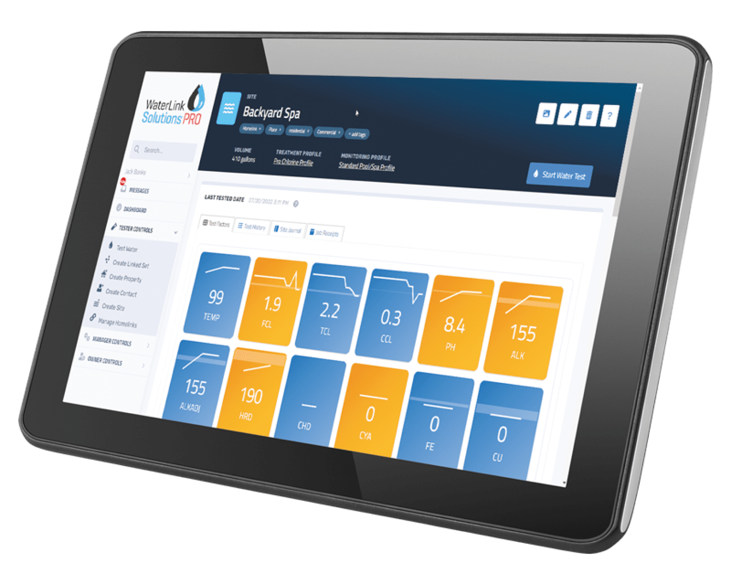 A black tablet displays the WaterLink Solutions PRO dashboard, showing various water quality readings such as temperature, pH, chlorine, and alkalinity for a backyard spa.
