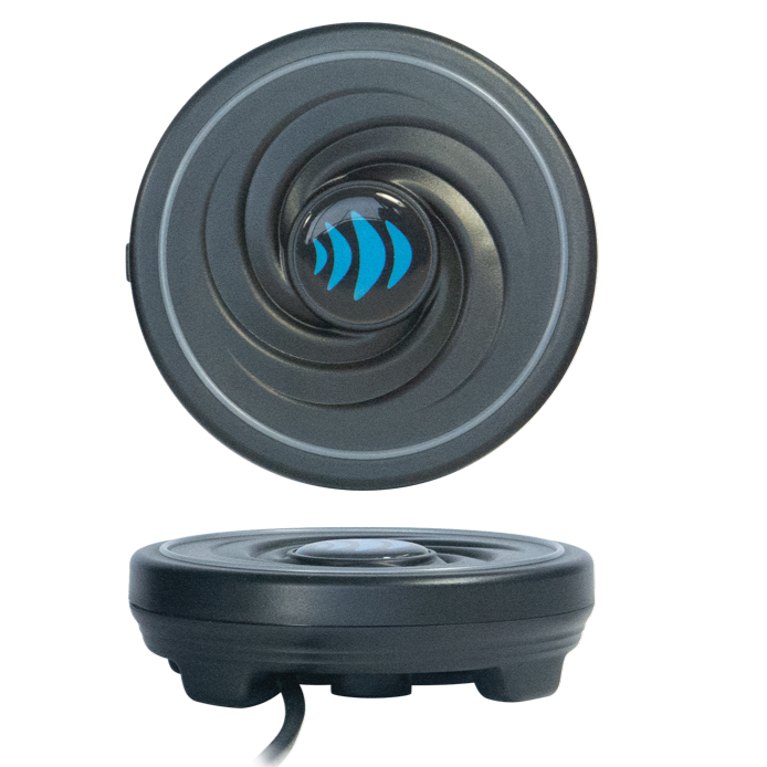 A round, black electronic device with a spiral pattern and a blue wave logo on top, shown from both top and side views. A cable extends from the side. The background is light gray.