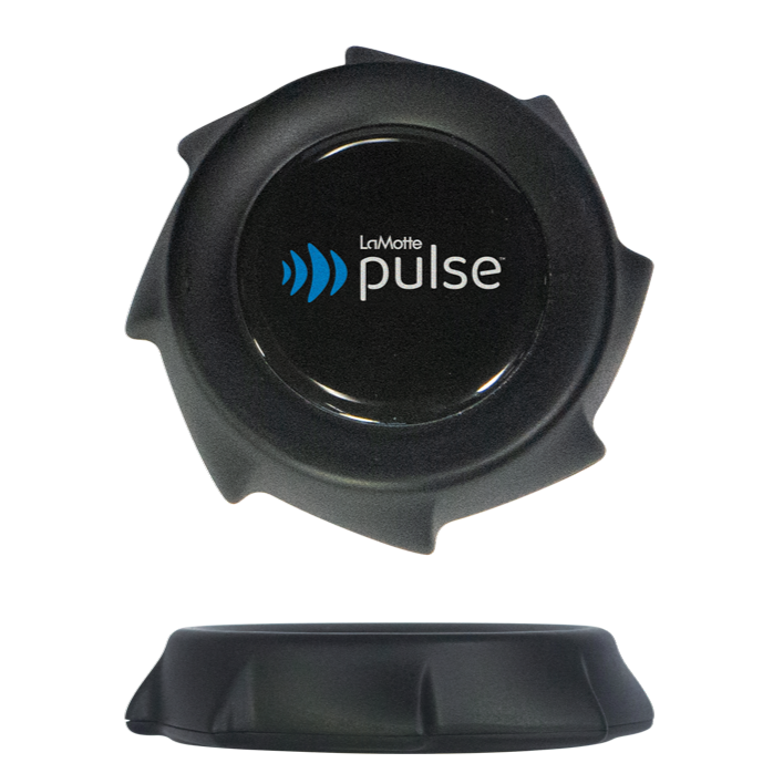 Black circular device with indented edges, viewed from top and side. The top displays the text LaMotte Pulse with blue signal icon. White background.