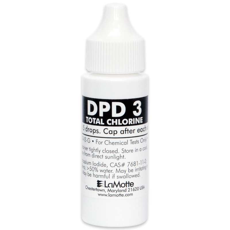 A white plastic dropper bottle labeled DPD 3 TOTAL CHLORINE with instructions for chemical testing, manufactured by LaMotte. The dpd-3 bottle features a white cap and a black label with bold white text.