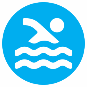 A white swimming icon shows a person with one arm extended above three wavy lines, representing water, inside a blue circle—symbolizing the Waterlink connection to aquatic activities.