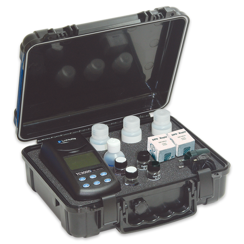 Open black carrying case containing a TC3000i BLE Meter - 1976-I, reagent bottles, vials, and other accessories, all arranged neatly inside foam compartments for a portable water testing kit.