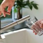 A person fills a clear glass with water from a modern kitchen faucet, with one hand turning on the tap and the other holding the glass over a white sink.