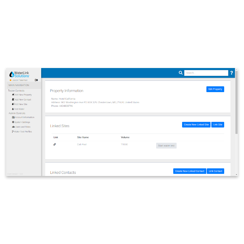 A property management dashboard powered by WaterLink® Solutions PRO displays property information, including name, address, and phone number. It lists linked sites and volumes, with options to edit, create, or link sites and contacts on a white and blue interface.