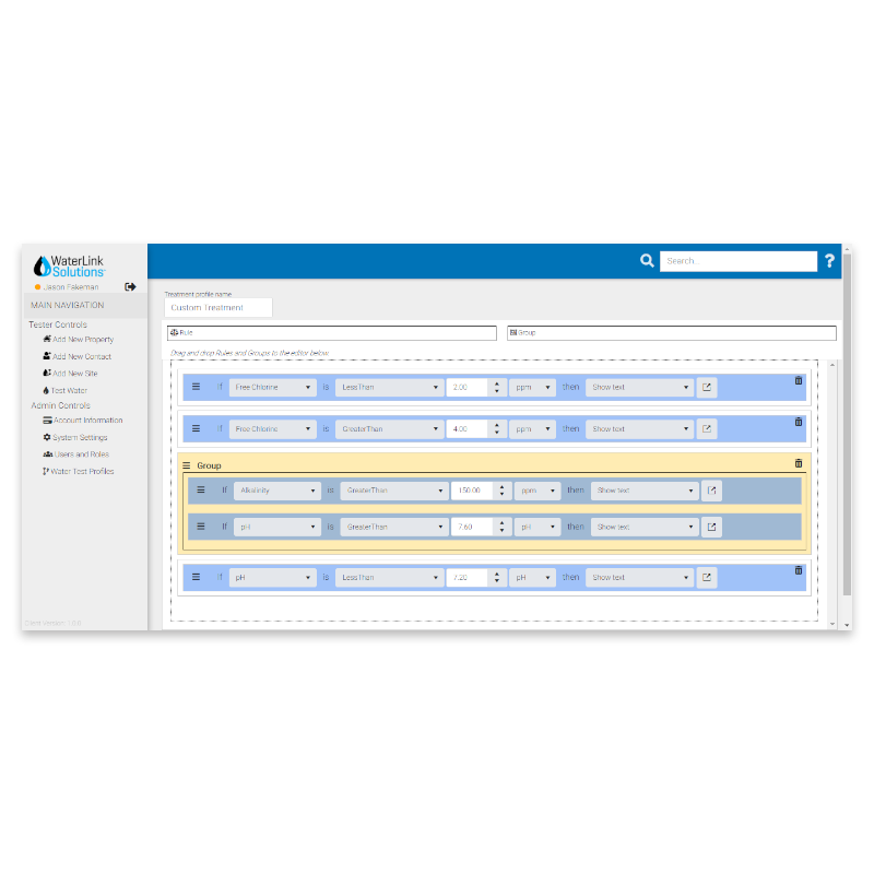 A screenshot of the WaterLink® Solutions PRO interface shows a rule-building tool with dropdown menus, buttons, and fields for customizing conditions and actions. The left sidebar displays navigation options like ticket consoles and admin controls.