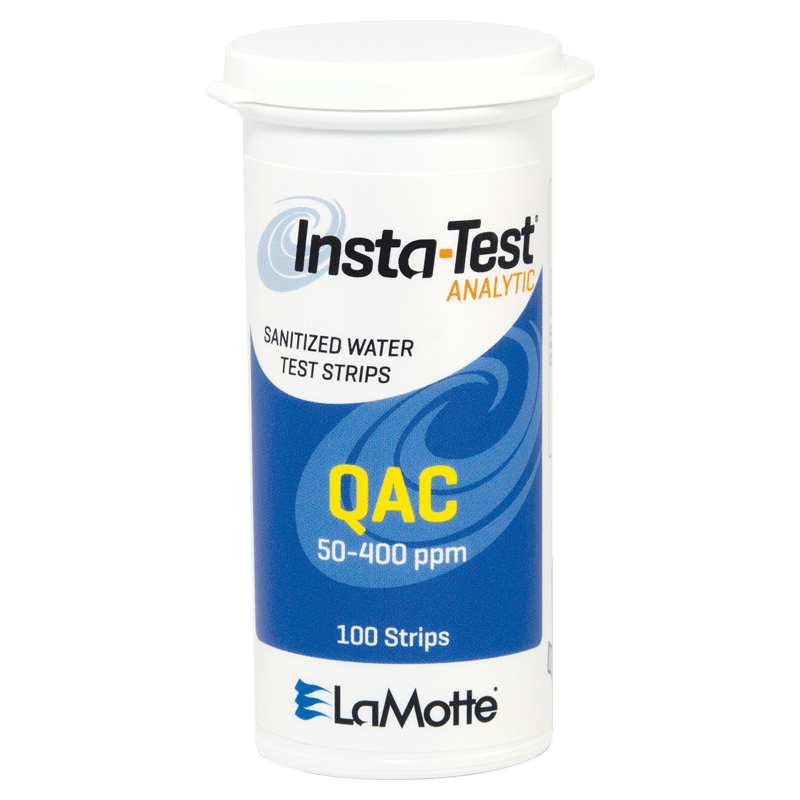 A white container labeled Insta-Test ANALYTIC Sanitized Water Test Strips, QAC 50-400 ppm, 100 Strips by LaMotte, with a blue and white design and a white lid.