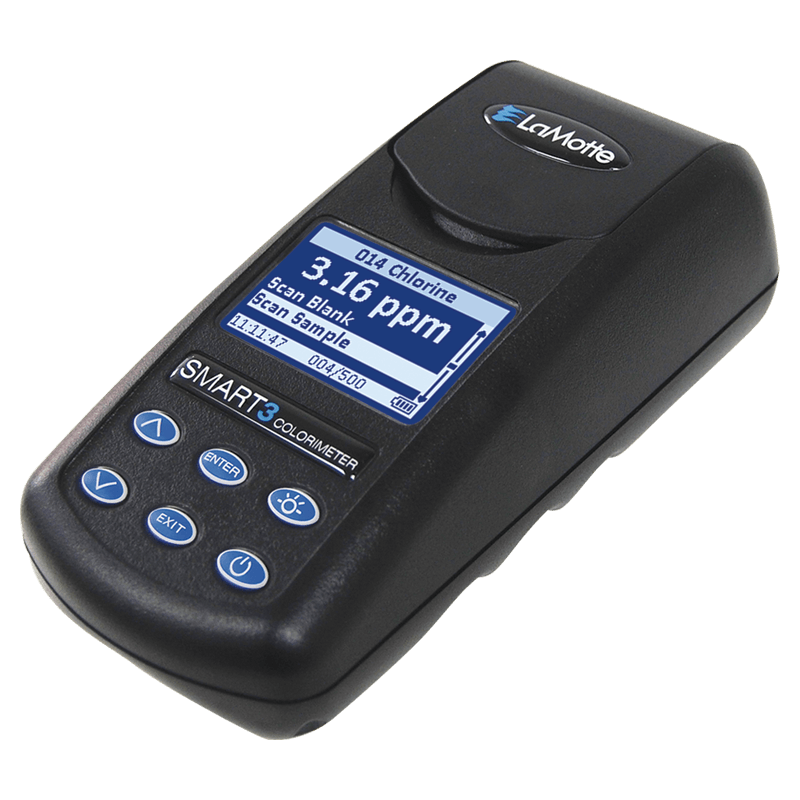 A handheld LaMotte SMART3 Colorimeter device displays a chlorine reading of 3.16 ppm on its screen, with several navigation and function buttons visible below the display.