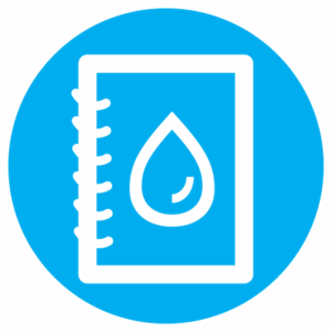 A blue circle with a white icon of a spiral-bound notebook featuring a large water droplet symbol on the cover.