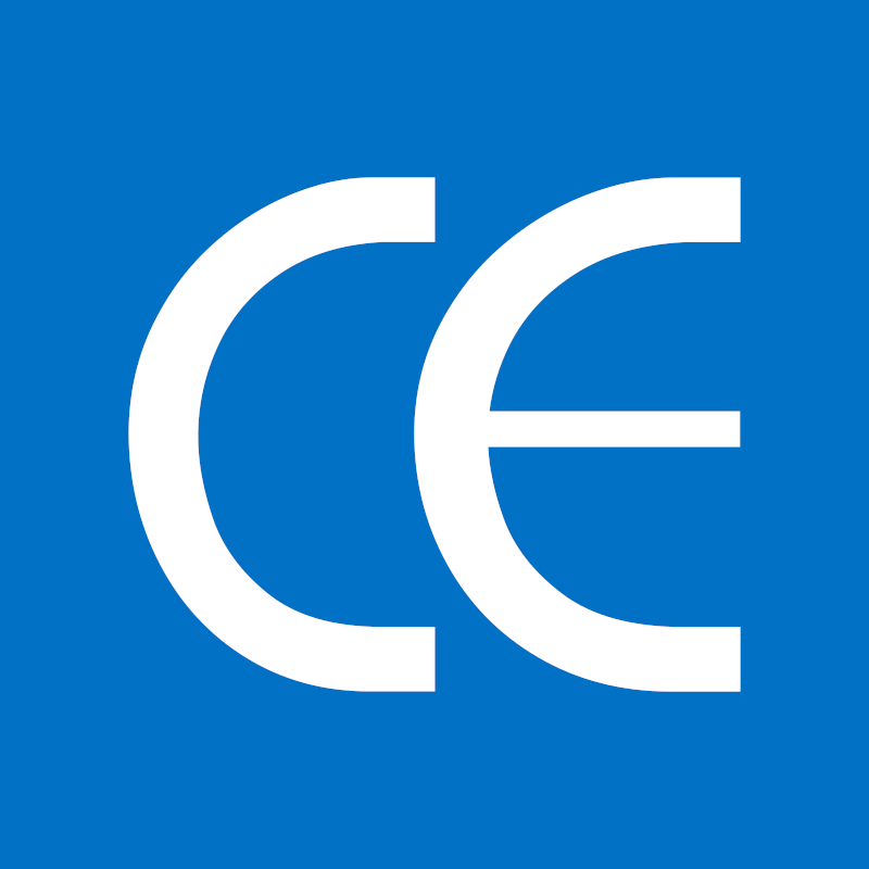 White CE marking on a blue background, indicating compliance with European Union safety, health, and environmental protection standards.