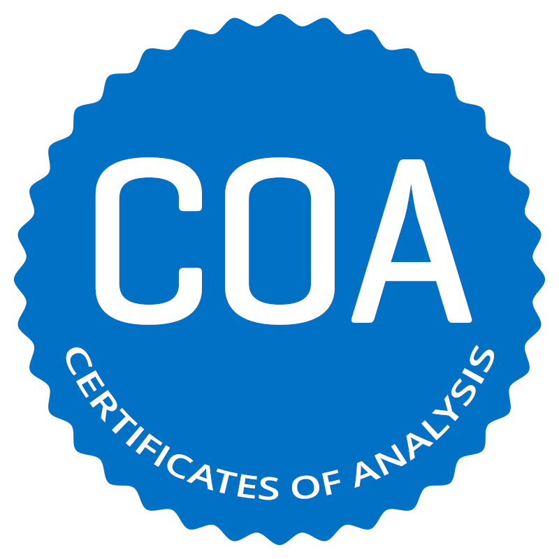 A blue, scalloped-edged badge with the large white letters COA in the center and the words CERTIFICATES OF ANALYSIS curved around the bottom edge in white.