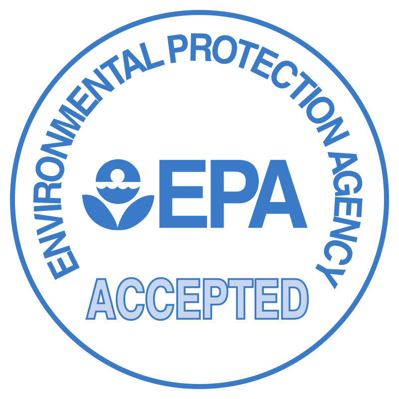 A blue and white circular badge with the words ENVIRONMENTAL PROTECTION AGENCY EPA ACCEPTED and the EPA logo in the center.