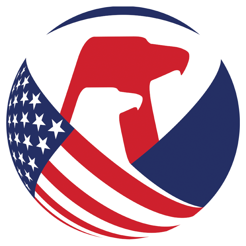 A circular logo featuring two stylized red eagle heads and a pattern of the American flag with stars and stripes, symbolizing patriotism and strength.